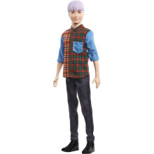 Barbie Ken Fashionistas Puppe #154 mit lila Haar, kariertem Hemd, Jeans und Stiefeln, Spielzeug für 3- bis 8-Jährige
