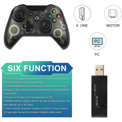 Brand New Xbox One Black Wireless Controller for Xbox/PC (2.4G USB Receiver, No Driver, 10h Battery, Dual Vibration, XInput/DInput) 2