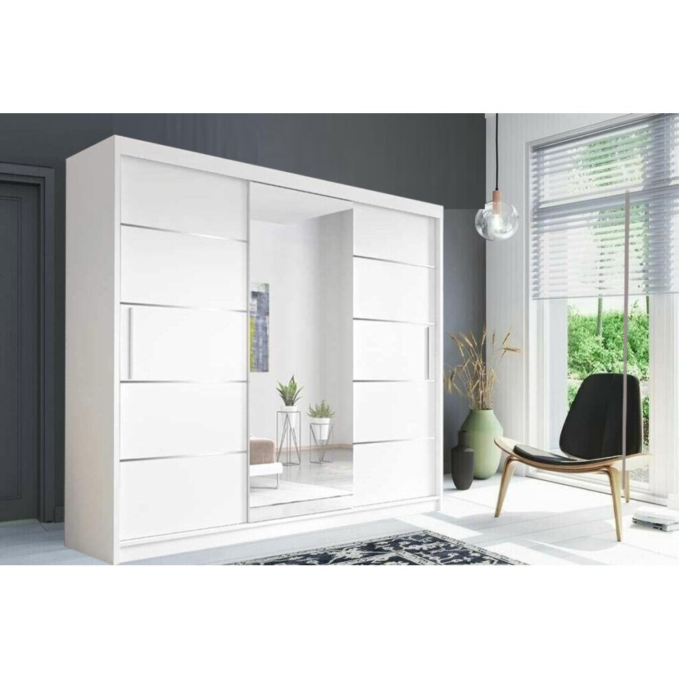 (White, 250 cm) LushBird Modern bedroom Sliding Wardrobe|  Space-Saving Bedroom Closet ,Multiple Sizes with Shelves & Hanging Rails  2 or 3 Sliding Doors
