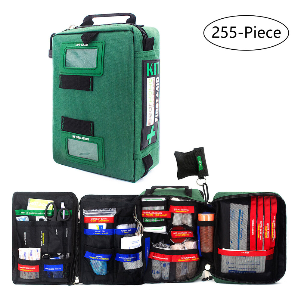 (Bag + 255 Pcs First Aid Kits) Youngshion Compact First Aid Kit Bag Emergency Survival Trauma Medicine Storage Case with Labeled Compartments for Trav