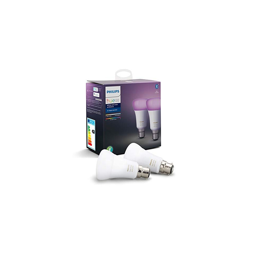 Philips Hue Twin Pack White and Colour Ambiance Smart Bulb LED [B22 Bayonet Cap] with Bluetooth. Works with Alexa and Google Assistant