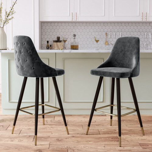 Living And Home (Grey) 2x Velvet Bar Stools Kitchen Breakfast Pub Chairs High Counter Stool Restaurant 1