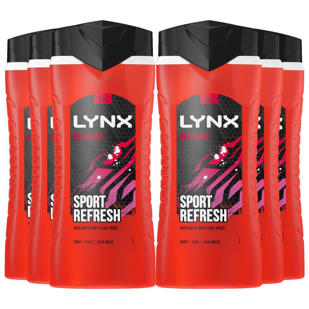 Lynx Recharge 12H Refreshing Fragrance Shower Gel Bodywash, 6X 500Ml