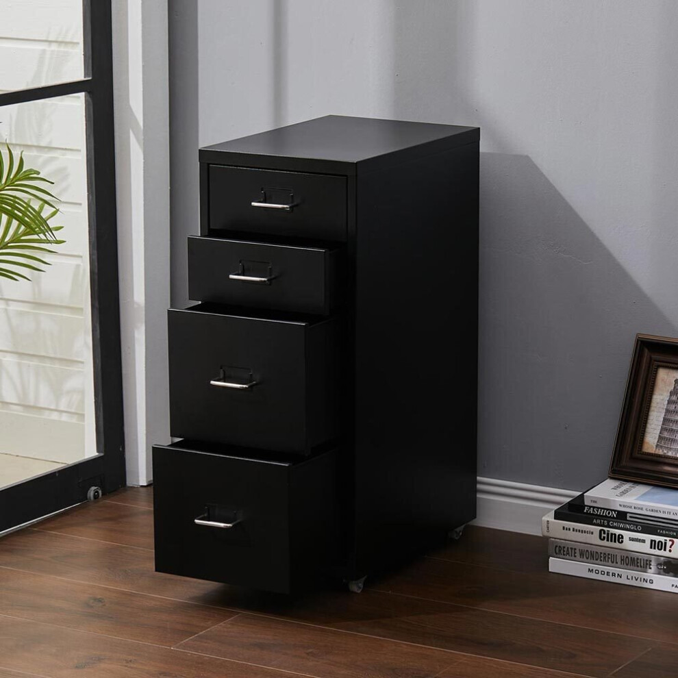(Black) 4 Drawer Metal Filing Cabinet Storage Box with Wheels
