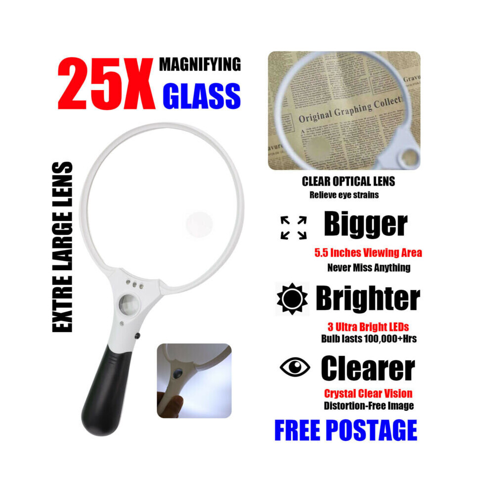 Light Handheld 25X Magnifier Reading Magnifying Glass Loupe With 3 Led