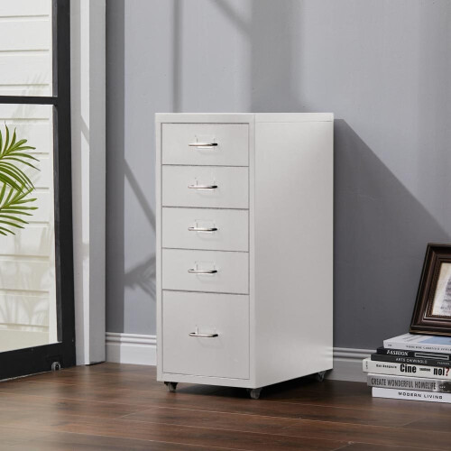 Living And Home (White) Rolling File Cabinet Office Storage w/ 5 Drawers Shelf Wheels