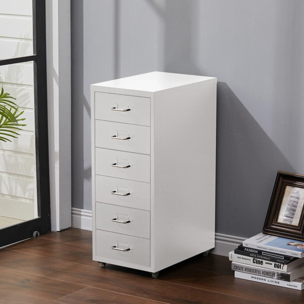 (White) Mobile Office Filing Cabinet Metal 6 Drawer File Storage Unit on Castors