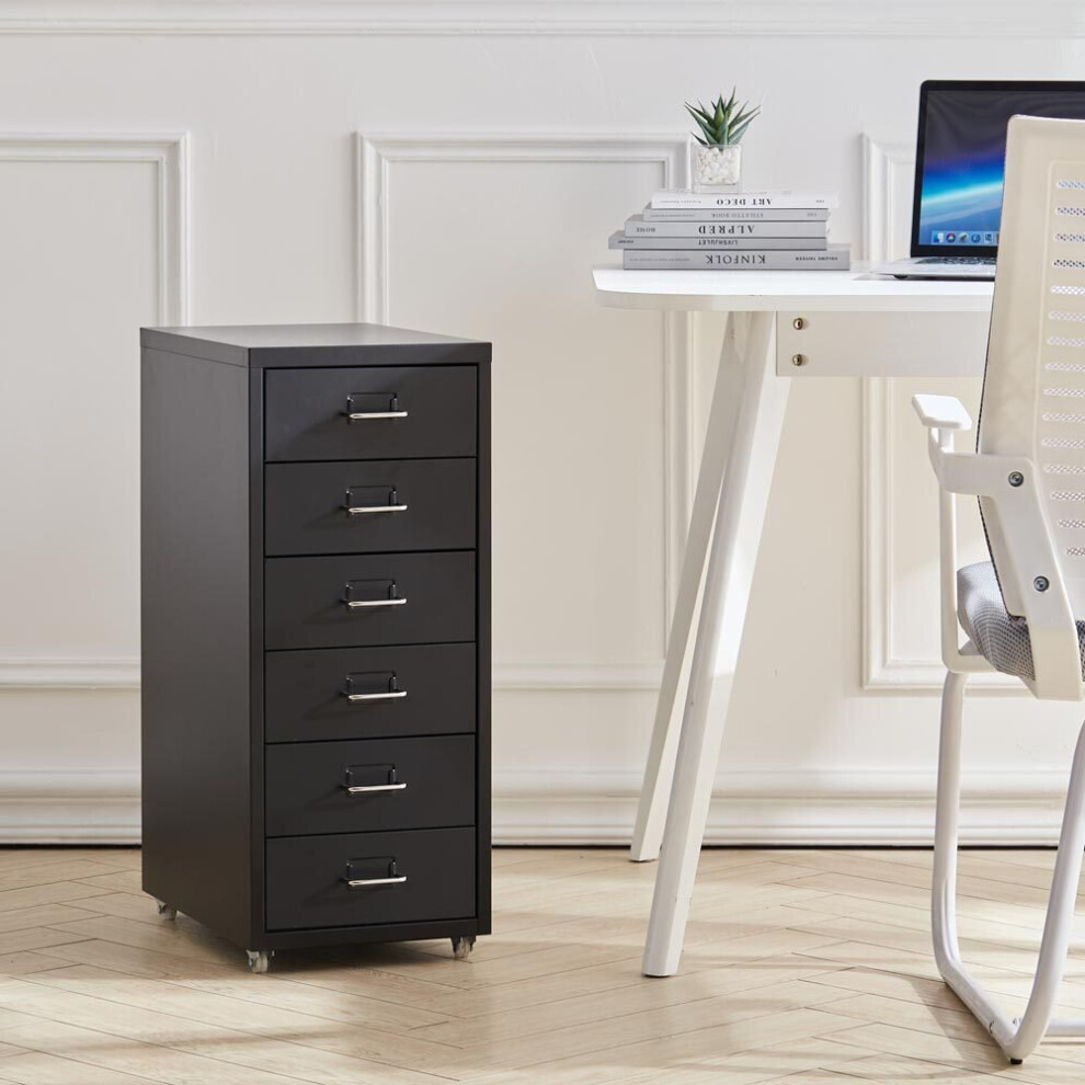 (Black) Mobile Office Filing Cabinet Metal 6 Drawer File Storage Unit on Castors