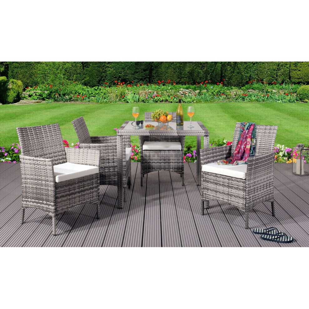 (Grey, Without Cover) 5PC Rattan Dining Set Garden Patio Furniture - 4 Chairs & Square Table