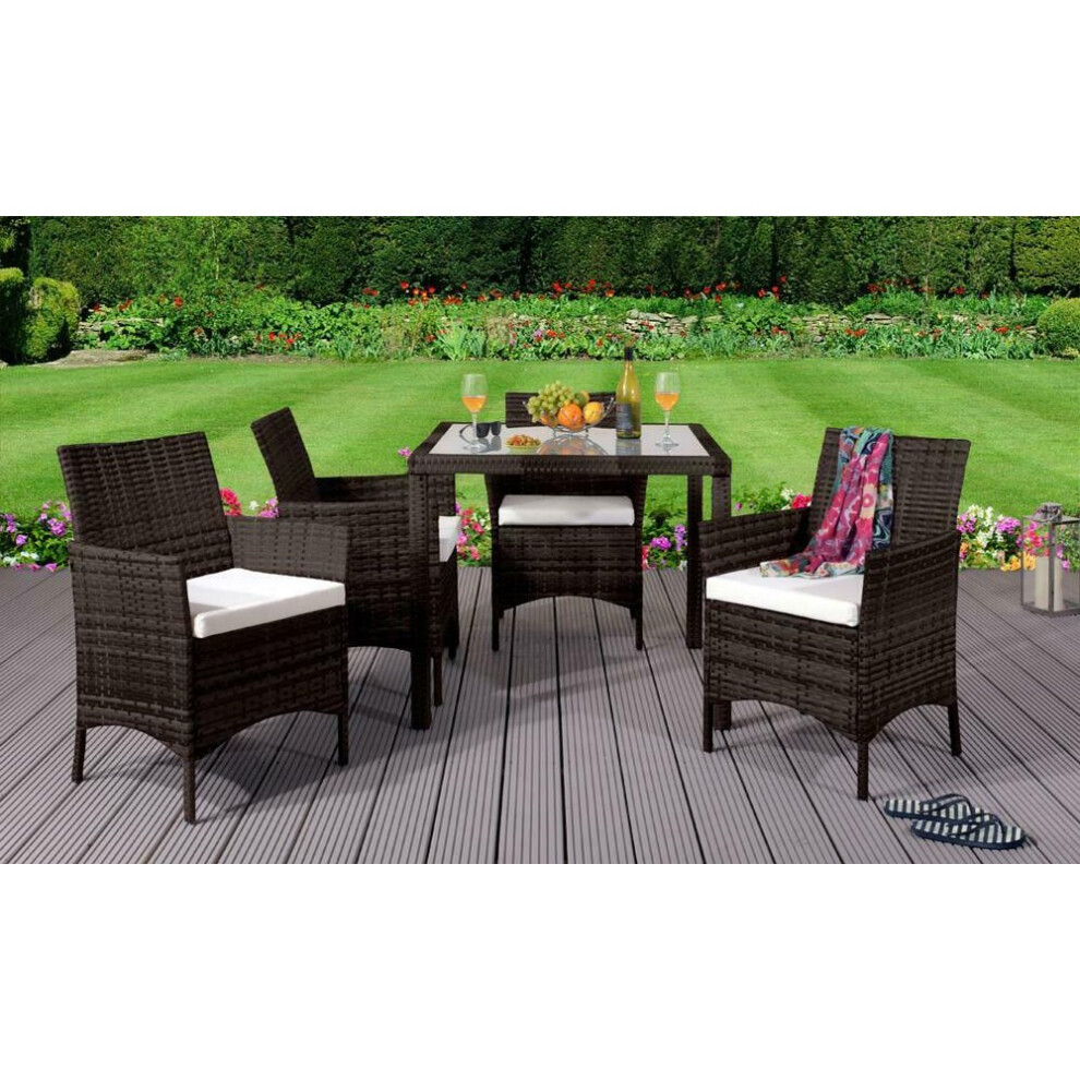 Comfy Living (Brown, Without Cover) 5Pc Rattan Dining Set Garden Patio Furniture - 4 Chairs & Square Table Black