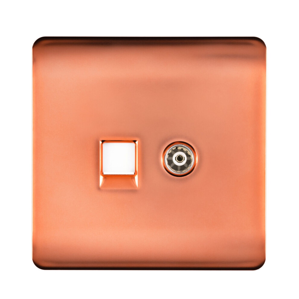 Trendi Artistic Modern Glossy Tactile TV Co-axial Socket + Telephone Socket Copper