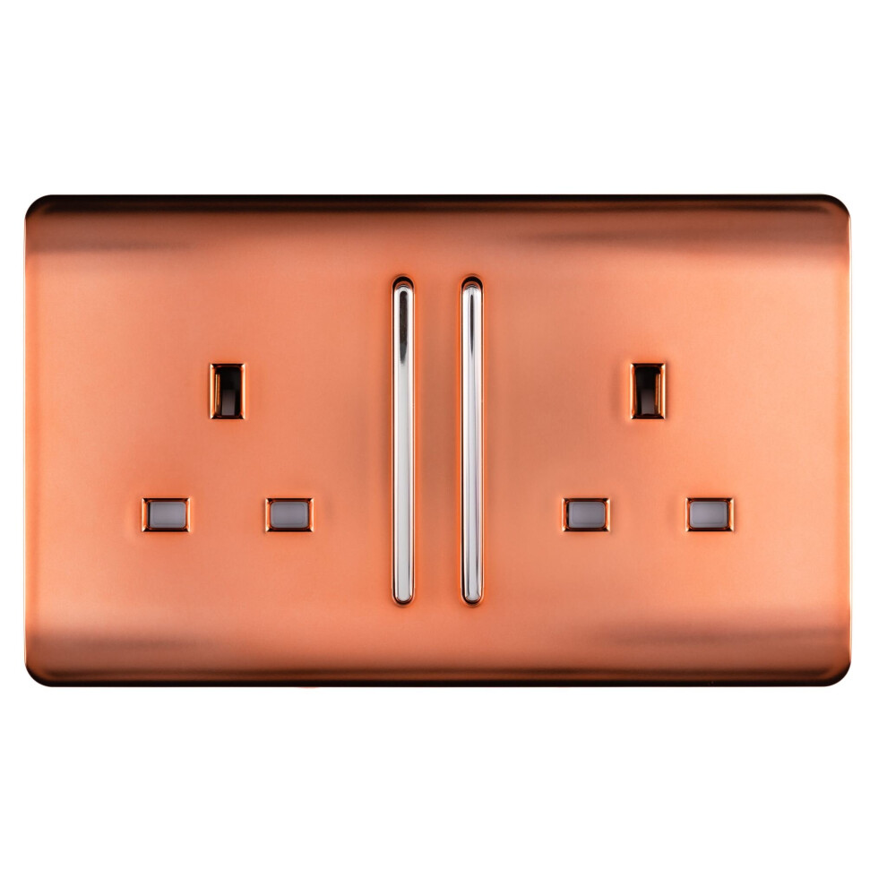Trendi Switch Trendi 2 Gang Artistic Modern Glossy 13 Amp Long Switched Tactile Plug Socket Copper