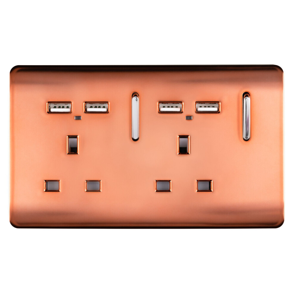 Trendi 2 Gang Artistic Modern Glossy 13 Amp 4 x 2.1mA USB Switched Tactile Plug Socket Copper