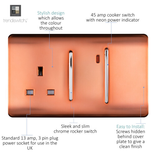 Trendi Switch Trendi Artistic Modern Glossy 45 A Cooker Switch & Plug Socket Inc Neon Insert  Copper 1