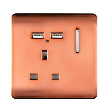 Trendi 1 Gang Artistic Modern Glossy 13 Amp 2 x 2.1mA USB Switched Tactile Plug Socket Copper