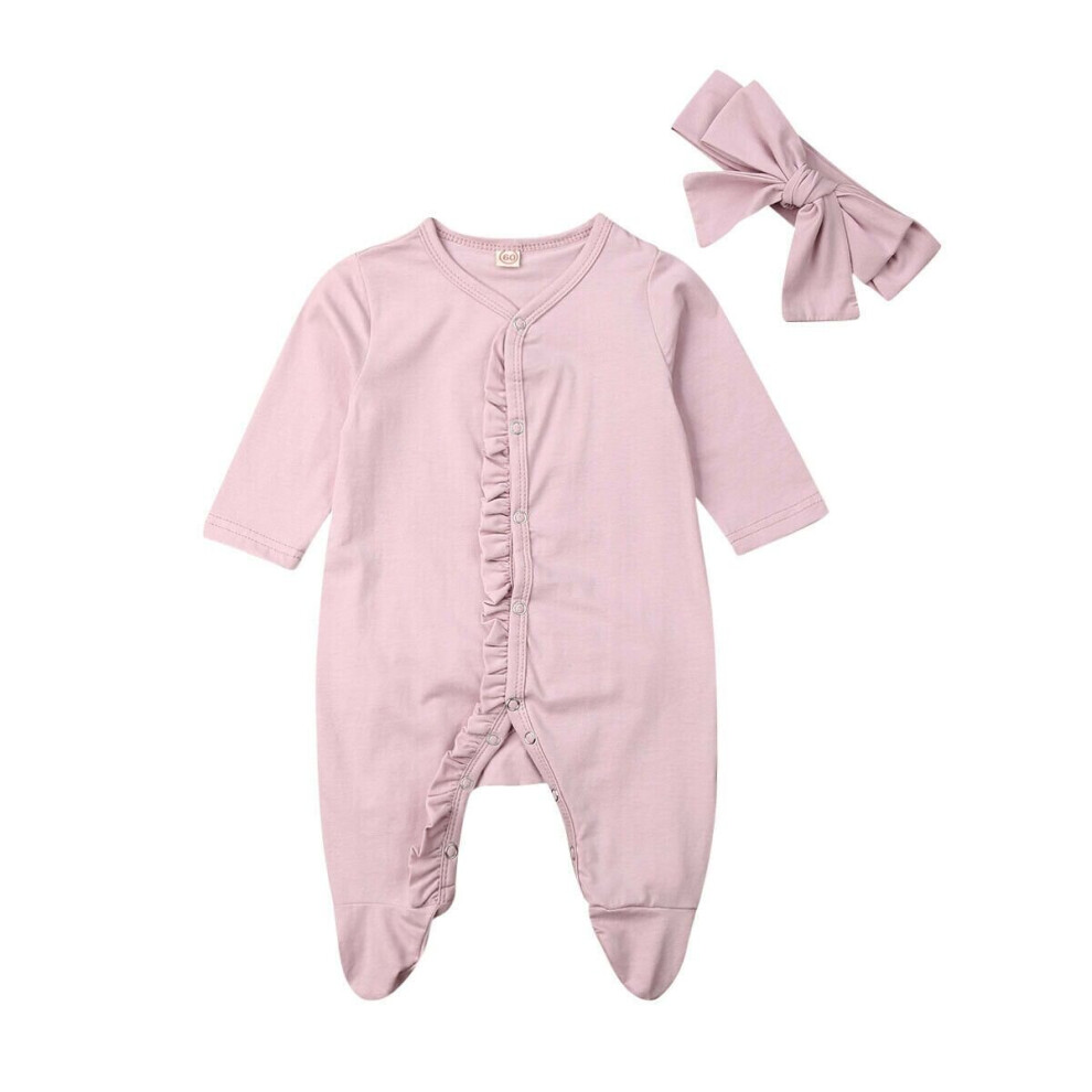 (Pink, 6M) Infant Baby Romper Playsuits Bodysuit Sleepwear Pajamas Headband Clothes Kids Blanket