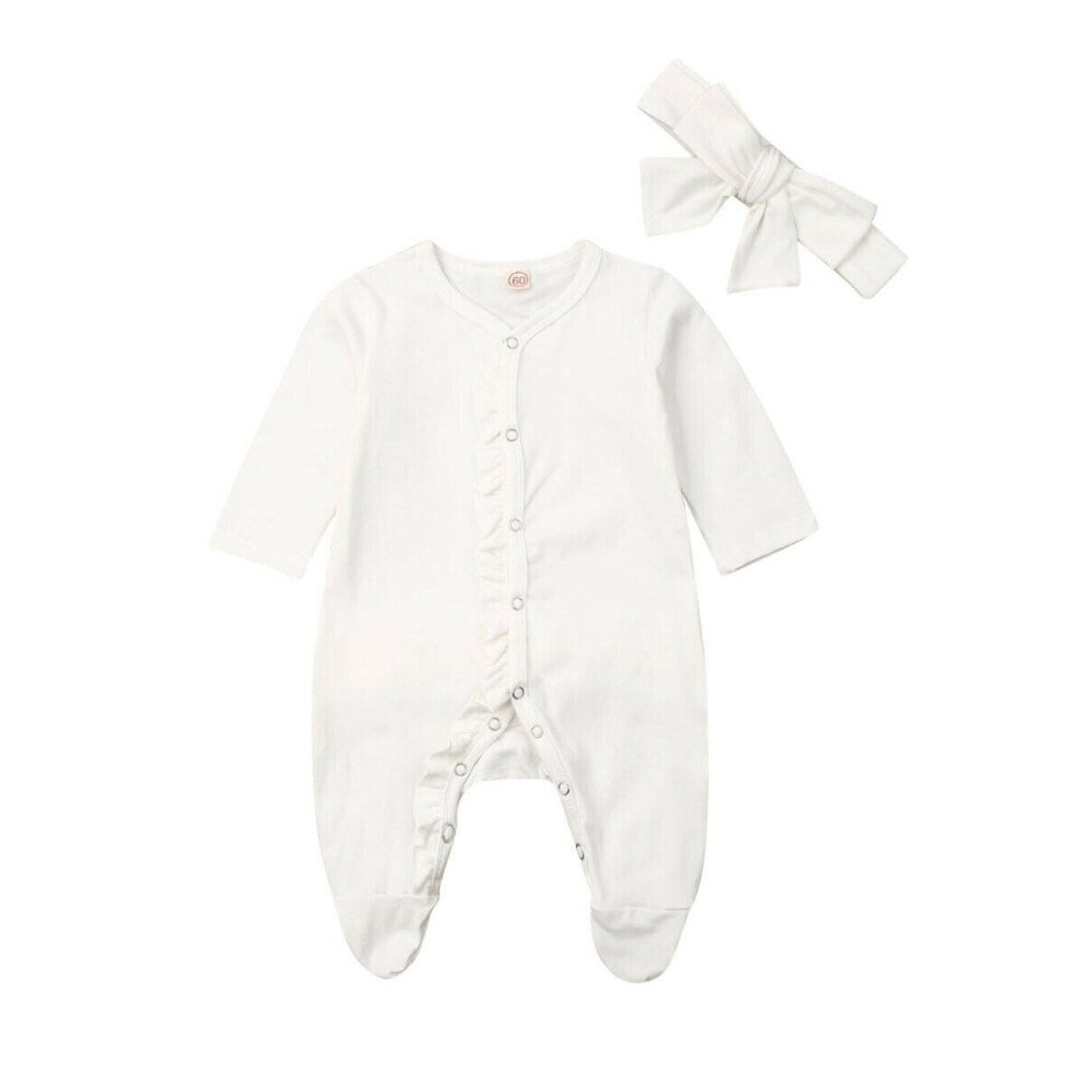 (White, 3M) Infant Baby Romper Playsuits Bodysuit Sleepwear Pajamas Headband Clothes Kids Blanket