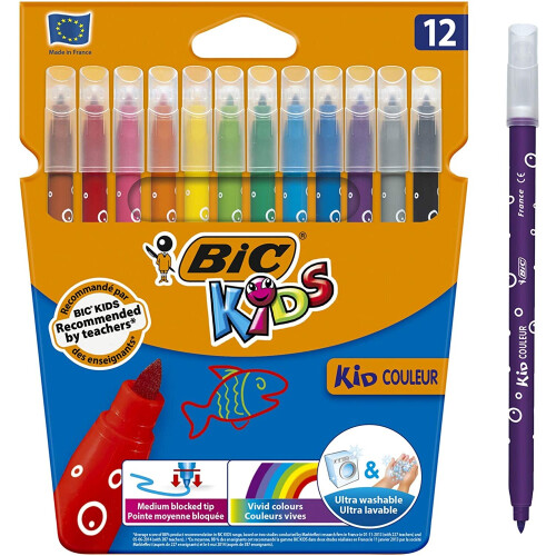 BIC Kids Kid Colour Felt Tip Pens Assorted Colours Pack of 12 Medium Point