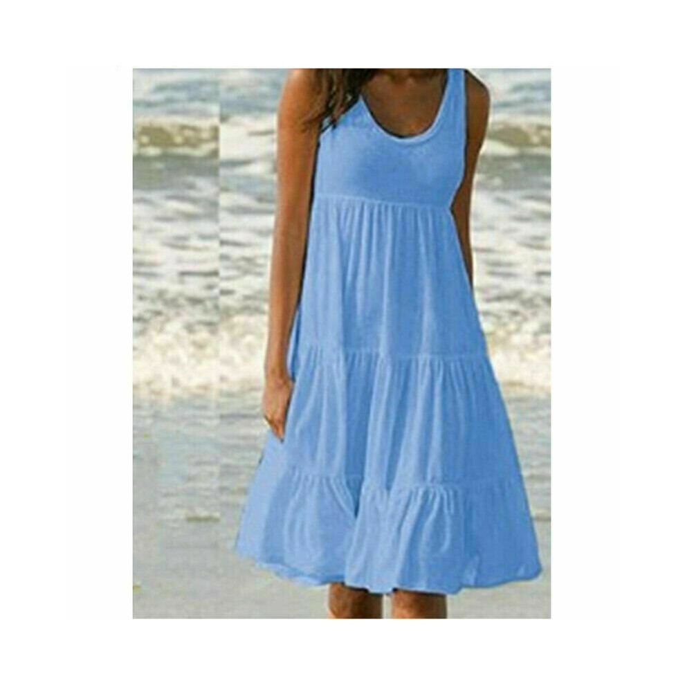 (Light Blue, L) Plus Size Women Sleeveless Solid Vest Dress Ladies Summer Beach Frill Midi Dress UK