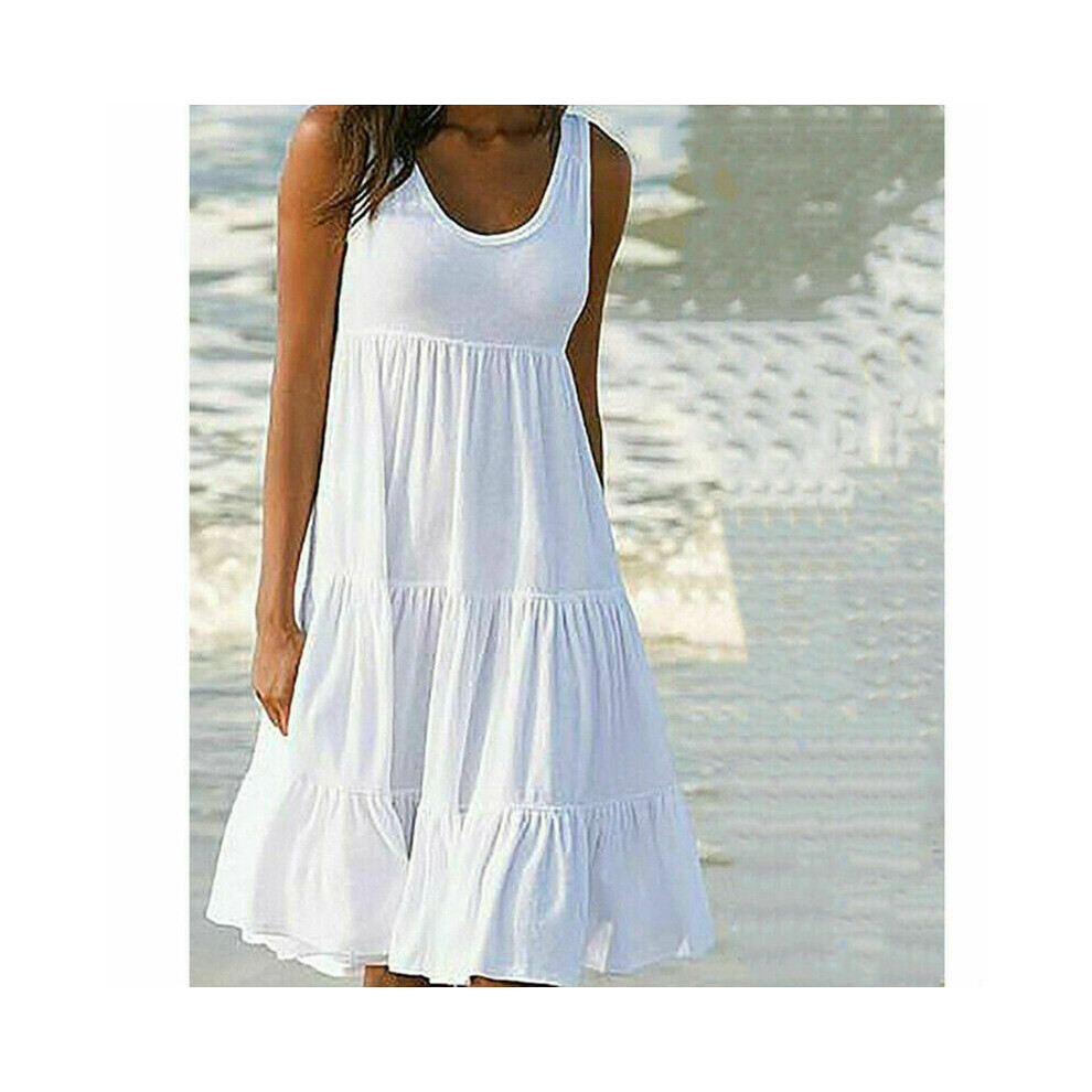 (White, M) Plus Size Women Sleeveless Solid Vest Dress Ladies Summer Beach Frill Midi Dress UK