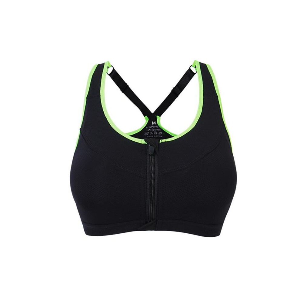 (Black, L) Professional Shakeproof Front Zipper Breathable Sports Bra