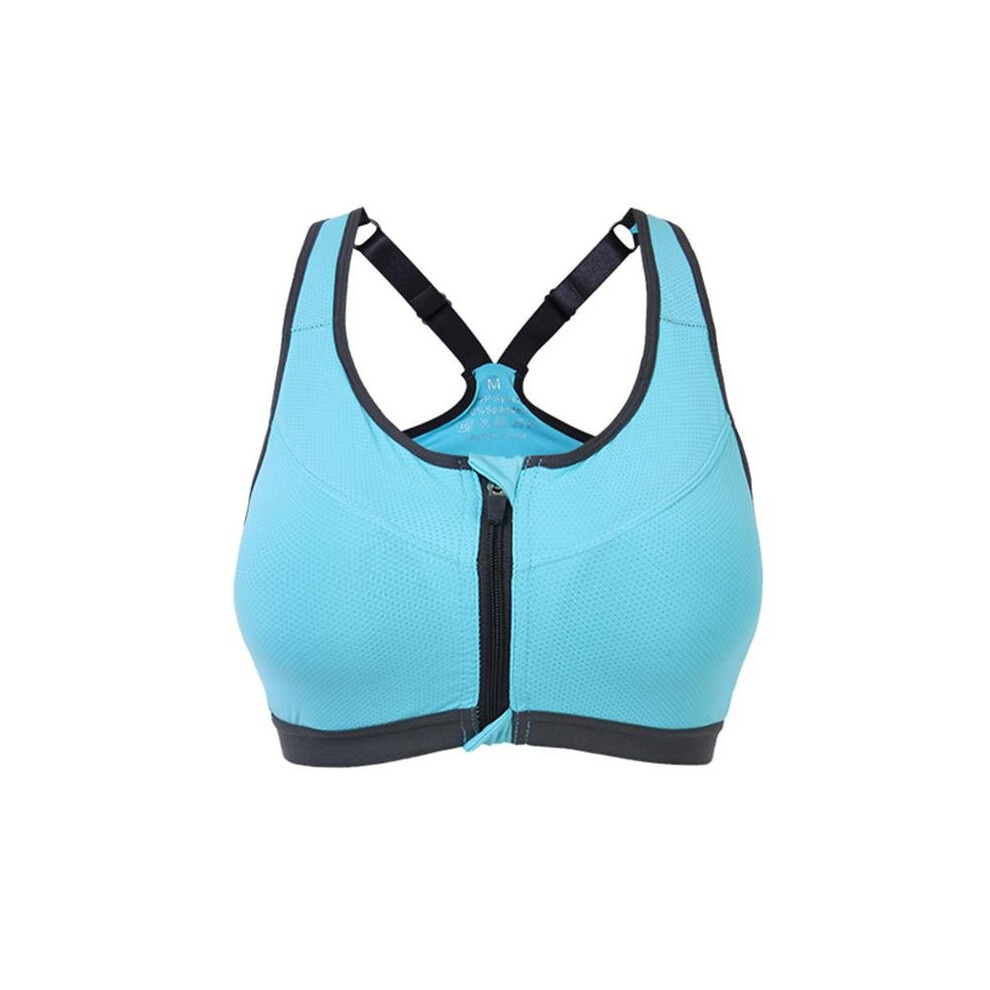 (Blue, M) Professional Shakeproof Front Zipper Breathable Sports Bra