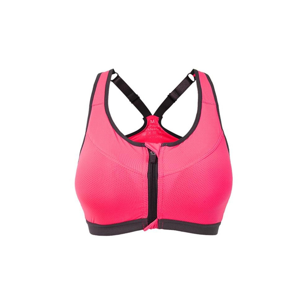 (Red, L) Professional Shakeproof Front Zipper Breathable Sports Bra