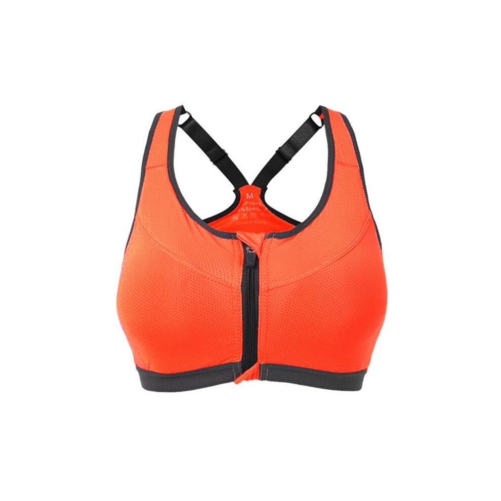 (Orange, S) Professional Shakeproof Front Zipper Breathable Sports Bra