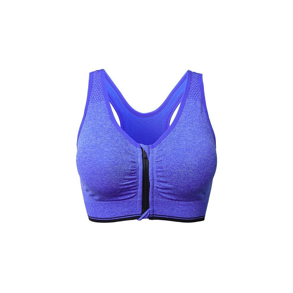 (Blue, M) Wire Free Shakeproof  Front Zipper Sports Bra