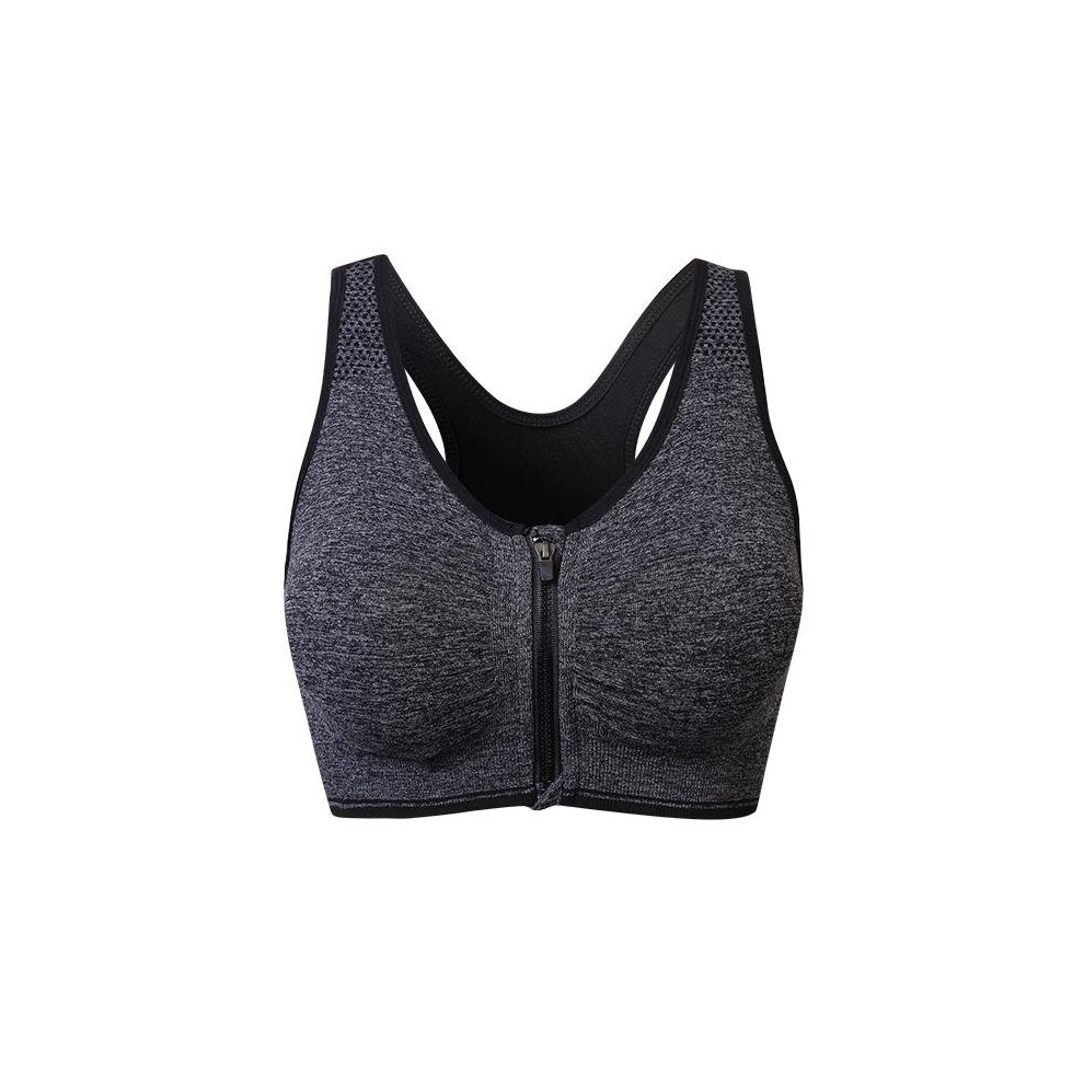 (Grey, XL) Wire Free Shakeproof  Front Zipper Sports Bra