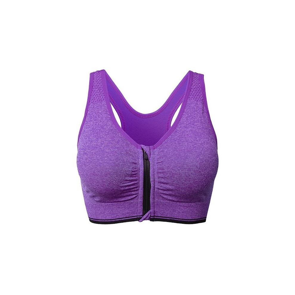 (Purple, S) Wire Free Shakeproof  Front Zipper Sports Bra