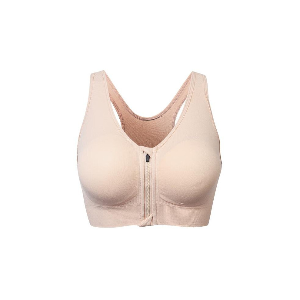 (khaki, L) Wire Free Shakeproof  Front Zipper Sports Bra