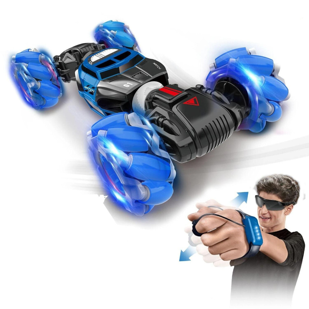 (Blue) 1/16 RC Stunt Car 4WD Watch Gesture Sensor Control Deformable Electric