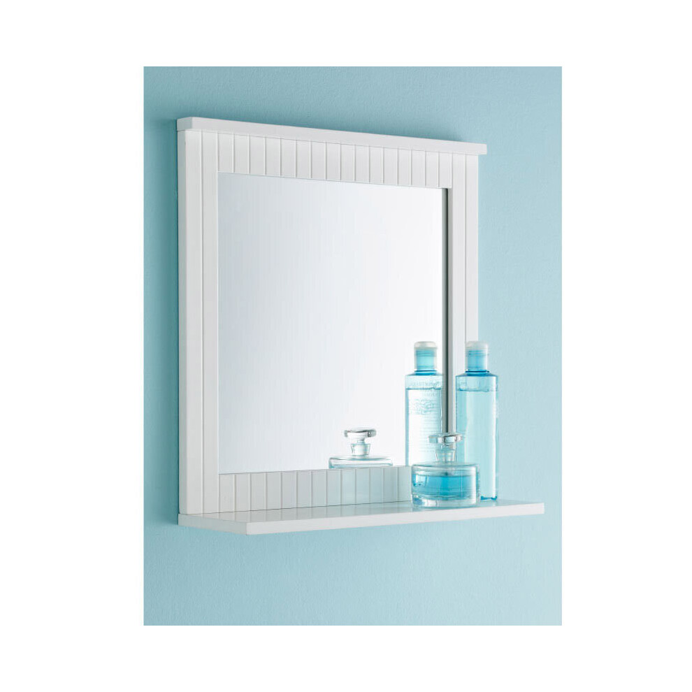 White Wall Mirror - Lines Design With Shelf - Bathroom Mirror - G-0021