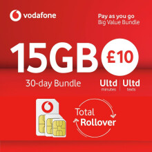 Vodafone Pay As You Go Big Value Bundle SIM Card - 3-in-1, automatic 30-day renewal, data rollover, roaming to 51 destinations