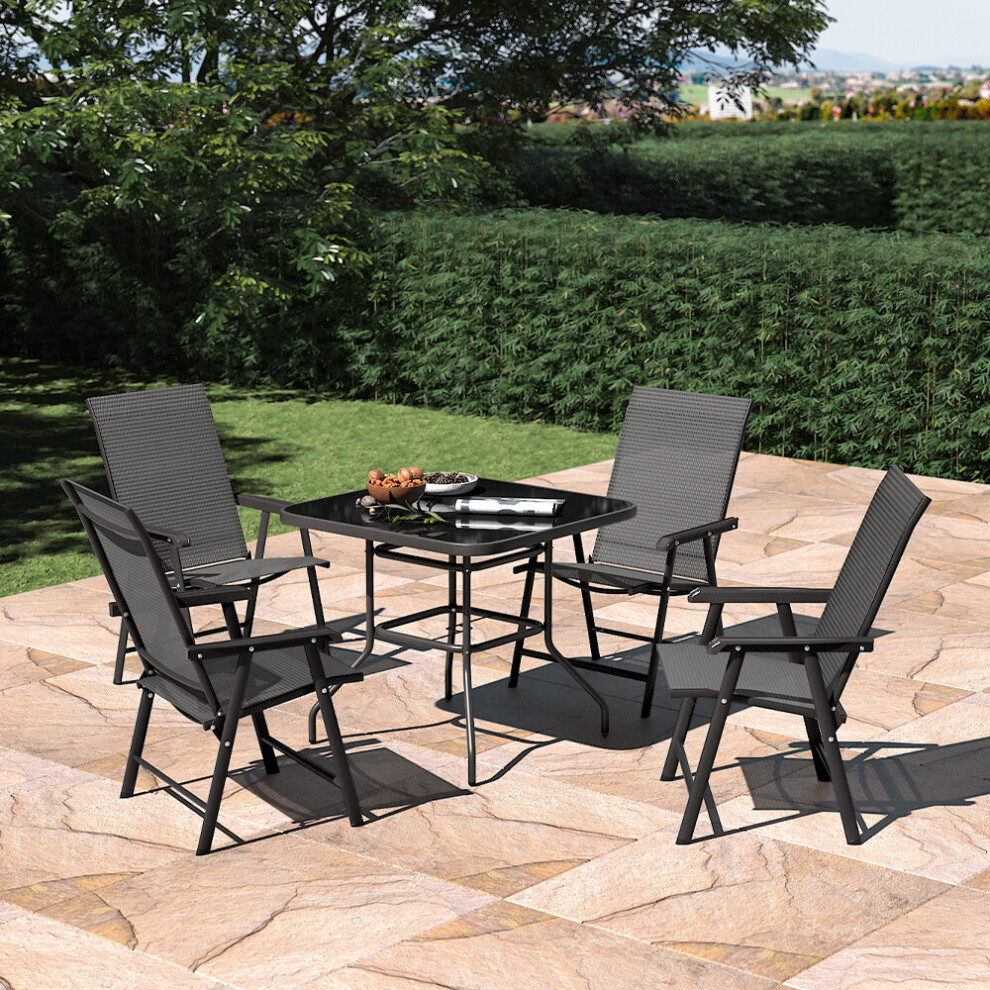 5Pcs Garden Bistro Furniture Set Tempered Glass Table & Folding Chairs