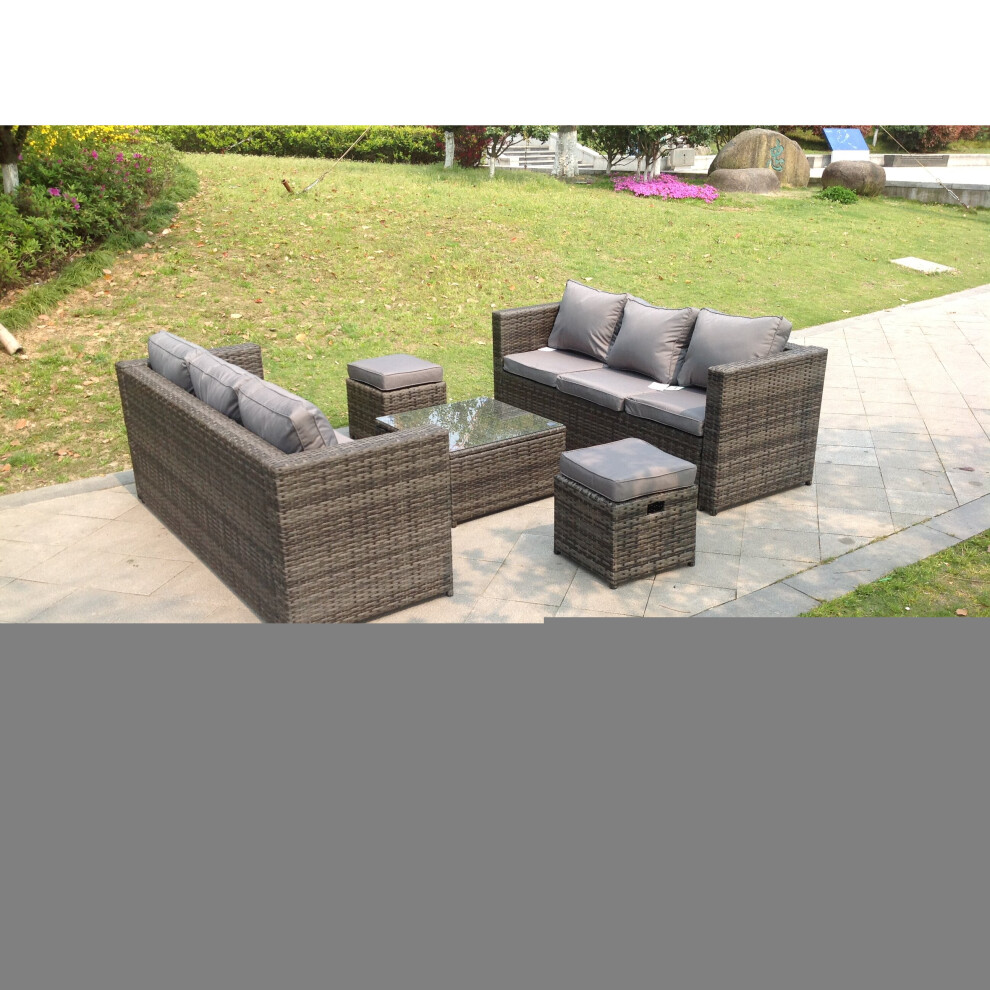 Grey lounge rattan garden furniture set sofa coffee table footstool