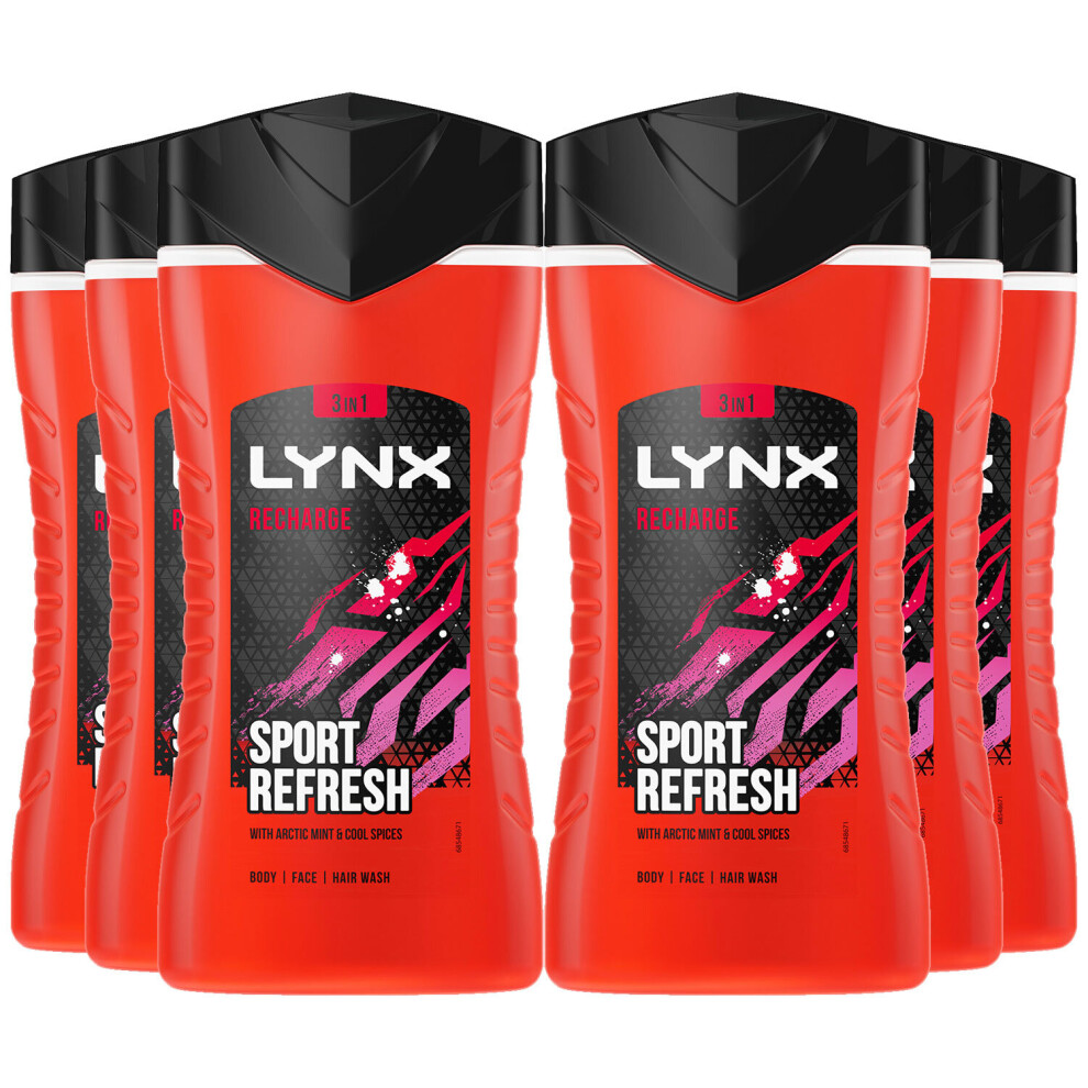 Lynx Recharge 12-H Refreshing Shower Gel Body Wash for Men, 6x225ml