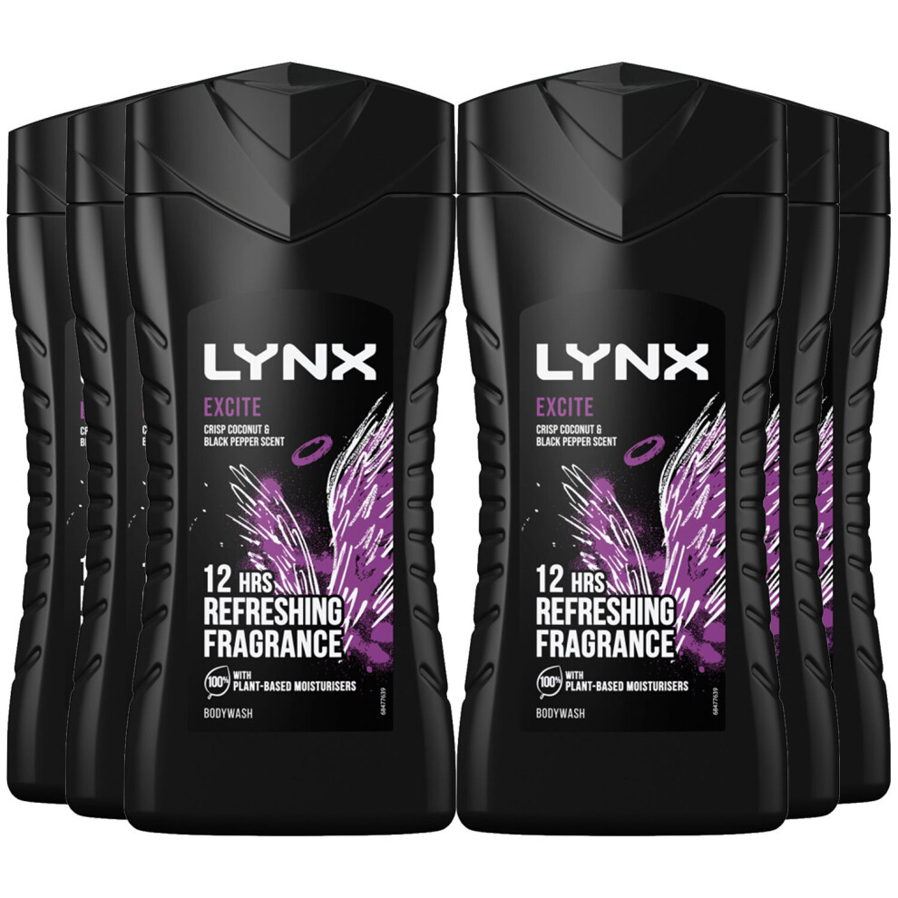 Lynx Excite 12-H Refreshing Shower Gel Body Wash for Men, 6x225ml