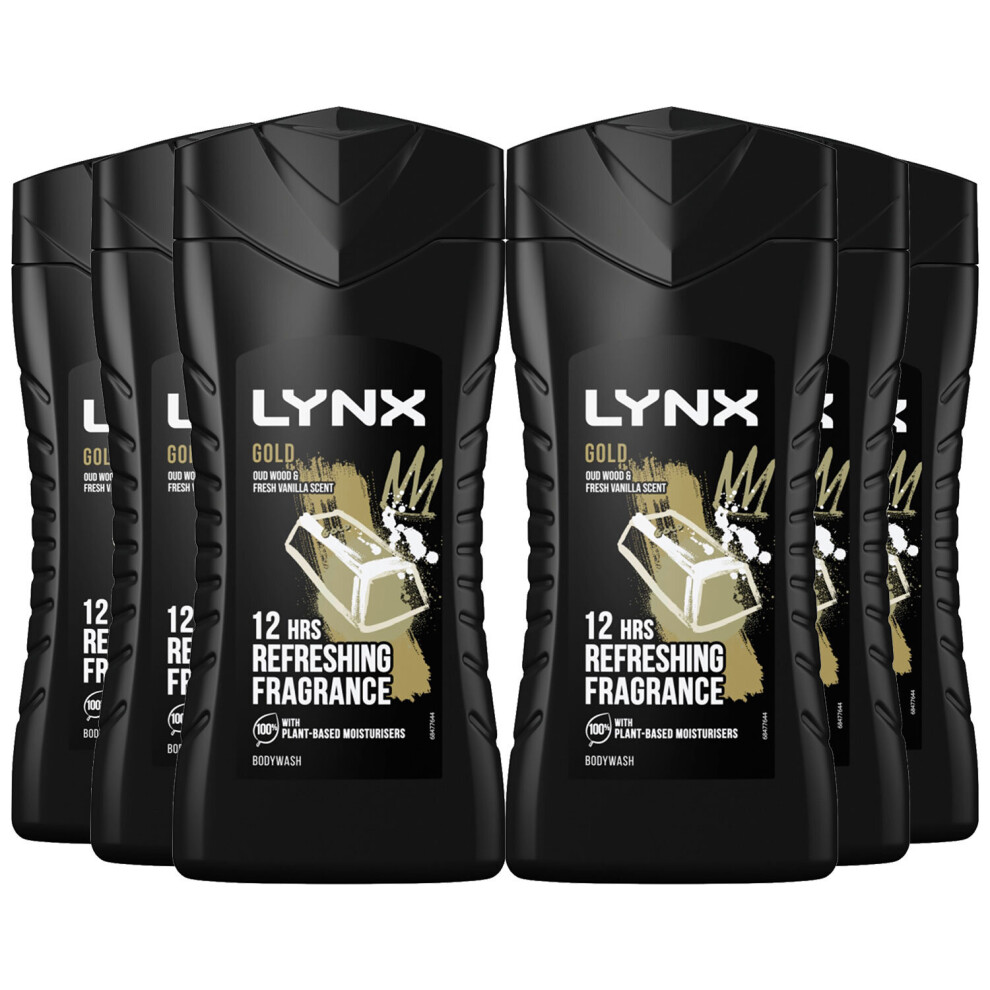 Lynx Gold 12-H Refreshing Shower Gel Body Wash for Men, 6x225ml