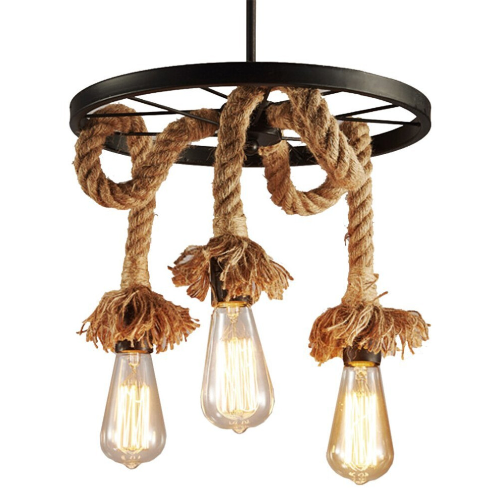 Industrial Retro 3-lights Metal Flax Rope Chandelier Loft Bar Ceiling Lamp Pastoral Antique Lighting