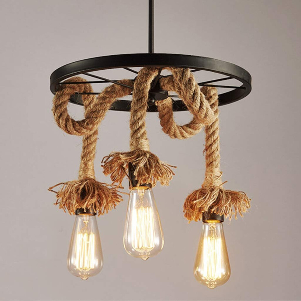 Industrial Chandelier Vintage Hemp Rope Pendant Light Creative Wheel 3 Lights Ceiling Lamp for Living Room Loft Restaurant Bar Decorative