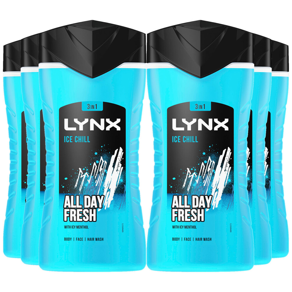 Lynx Ice Chill 12-H Refreshing Shower Gel Body Wash for Men, 6x225ml