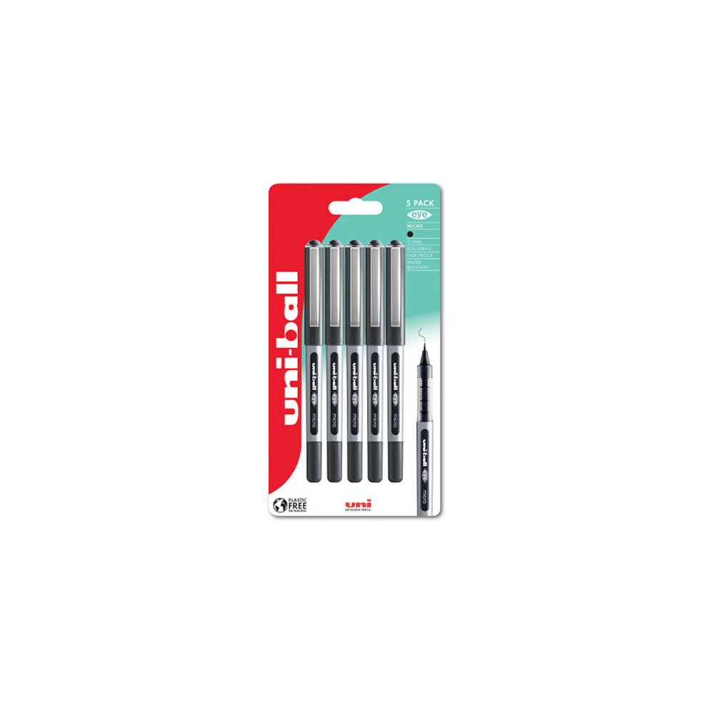 uni-ball uniball Eye Micro Rollerball Pen UB-150 Liquid Ink Black Plastic Free Packaging Pack 5