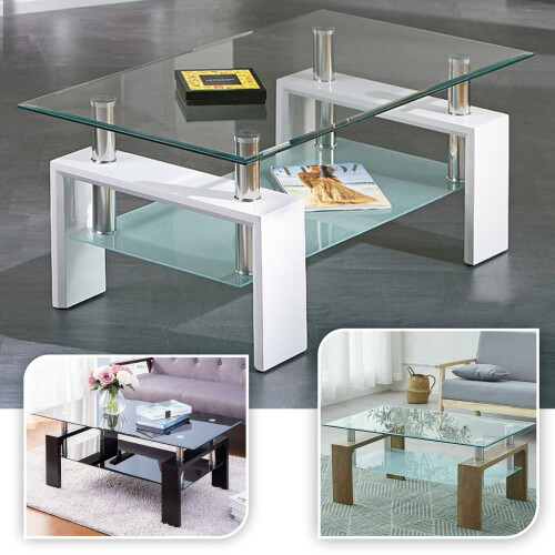 Modern Coffee Table With Lower Shelf Storage Glass Chrome Living Room