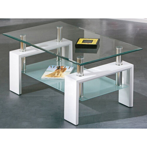 Modern Coffee Table With Lower Shelf Storage Glass Chrome Living Room