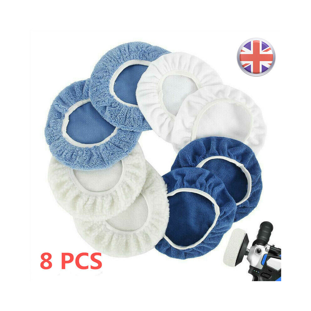 8X Car Microfiber Polisher Bonnets Polishing Pads Wax Wash Buffer Blue/White 169504253135