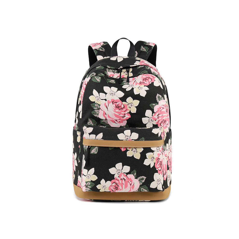 (black) New canvas backpack, school bag with floral pattern, leisure outdoor backpack Thick waterproof computer bag-image-OPC-P7X5TX6-NEW