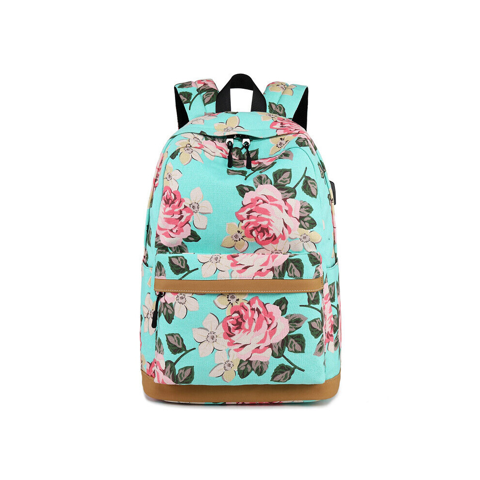 (Green) New canvas backpack, school bag with floral pattern, leisure outdoor backpack Thick waterproof computer bag-image-OPC-P7X5TX5-NEW