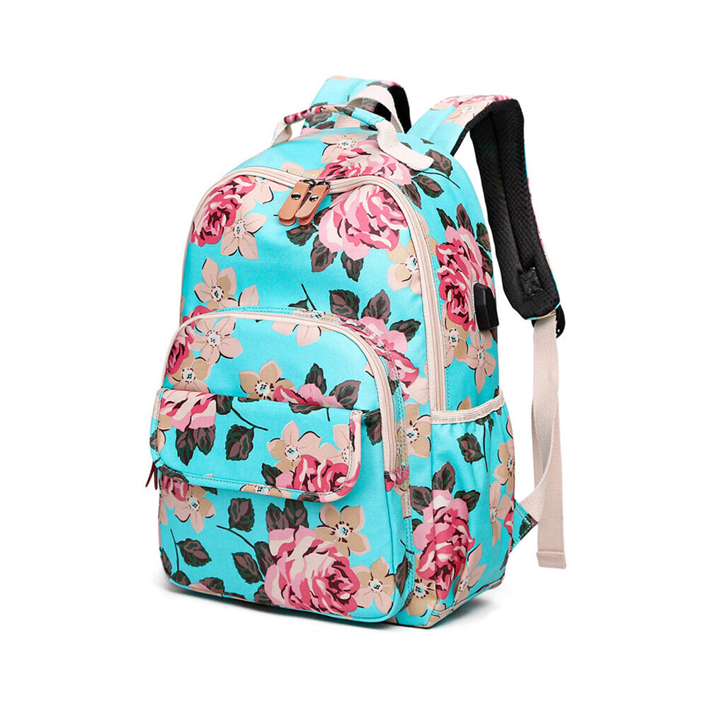 (Green) Waterproof canvas large capacity floral print computer backpack, outdoor travel bag, student school bag with USB charging port-image-OPC-P7X5TYN-NEW